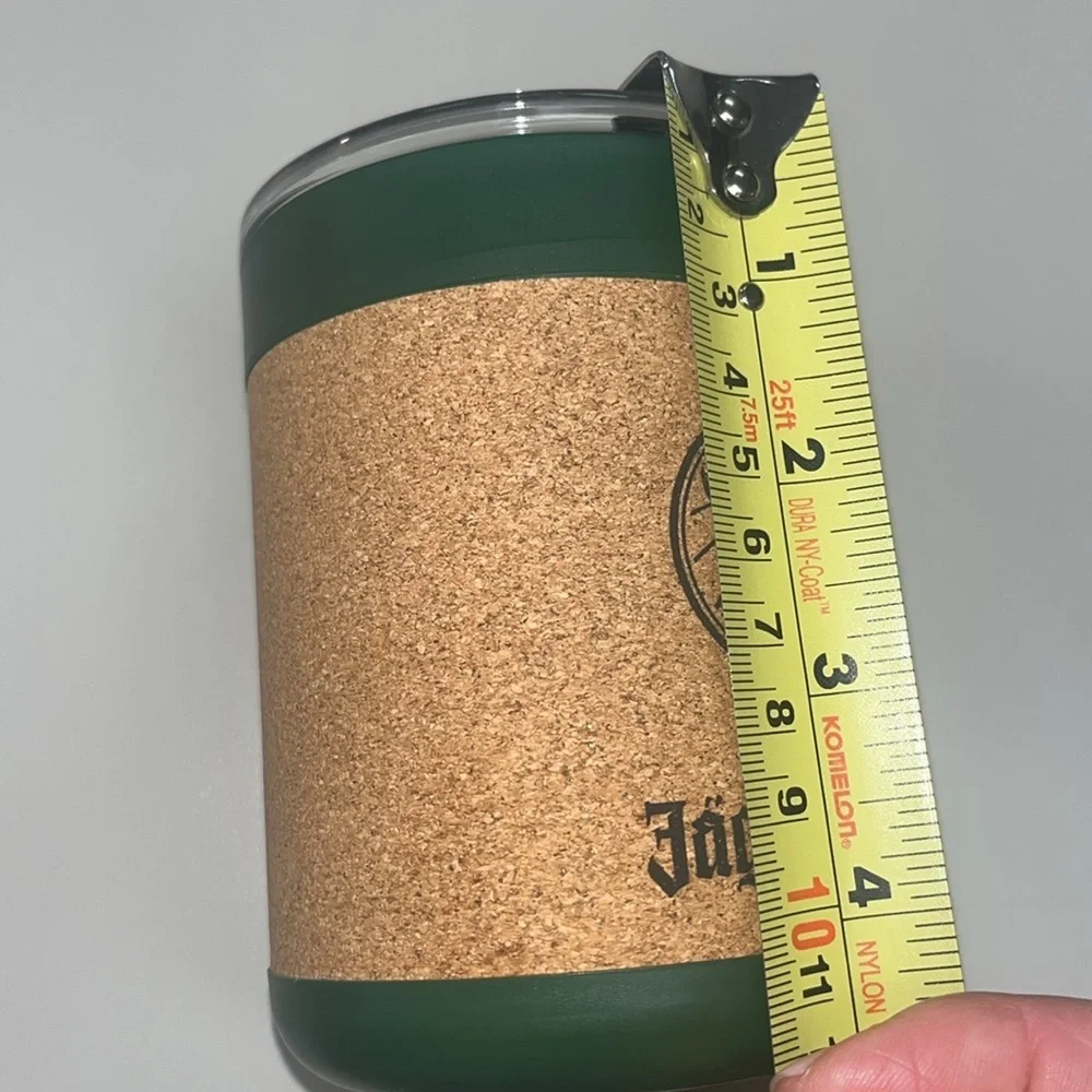 Jagermeister cork, plastic cup cooler with lid small green in color